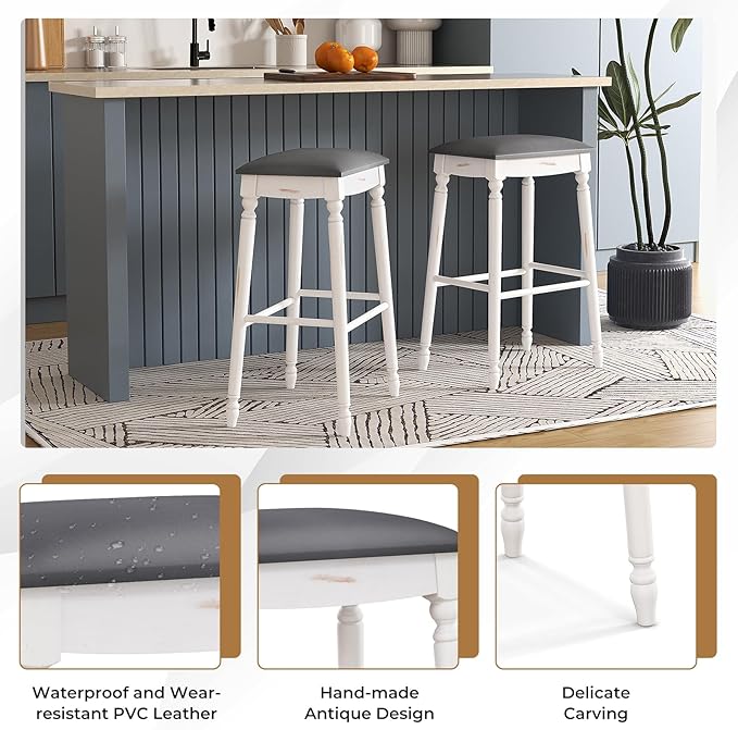 COSTWAY Upholstered Bar Stools Set of 2, 29-Inch Backless Counter Height Dining Stools with Delicate Wood Carving, Footrest, Solid Rubber Wood Frame, Farmhouse BarStools for Kitchen Island Bar, White