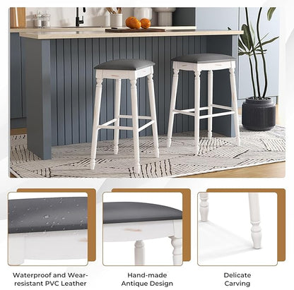 COSTWAY Upholstered Bar Stools Set of 2, 29-Inch Backless Counter Height Dining Stools with Delicate Wood Carving, Footrest, Solid Rubber Wood Frame, Farmhouse BarStools for Kitchen Island Bar, White