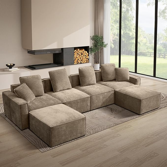 WILLOVE 141'' Modular Sectional Sofa, Chenille Cloud Couch with Wide Armrests & 6 Pillows, Deep Seat Couches for Living Room, Khaki