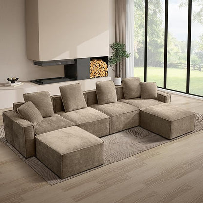 WILLOVE 141'' Modular Sectional Sofa, Chenille Cloud Couch with Wide Armrests & 6 Pillows, Deep Seat Couches for Living Room, Khaki