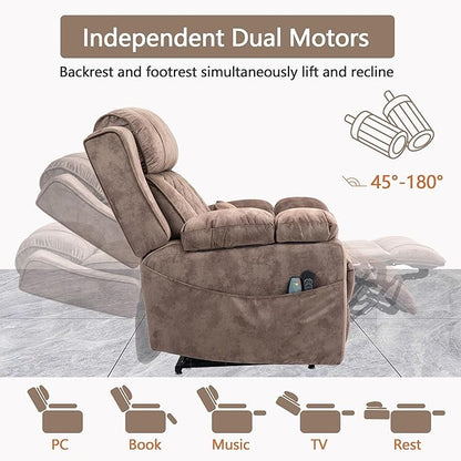 Big Man Power Lay Flat Lift Chair Oversized Recliner Dual Motor Heat Vibration for Elderly, Overstuffed Electric Extra Wide Recliners with Flip Arm Storage Cup Holders,USB Type C Charging