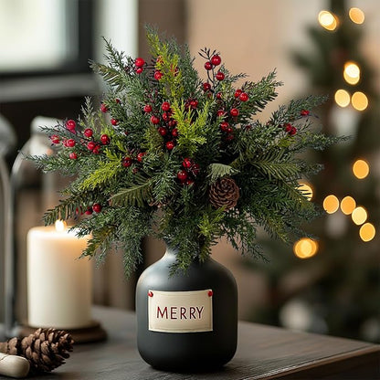 10PCS Artificial Pine Branches with Red Berry Pine Cones Artificial Needles Branches Greenery Stems Fake Greenery Floral Arrangements