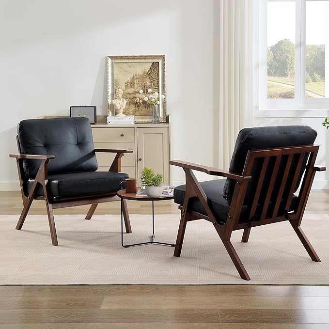STHOUYN Black Leather Office Accent Chair with Wooden Arms, Office Lounge Chair, Mid Century Modern Chair, Side Arm Chairs for Living Room, Guest Waiting Room Chairs (1, Black)