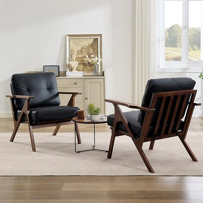 STHOUYN Black Leather Office Accent Chair with Wooden Arms, Office Lounge Chair, Mid Century Modern Chair, Side Arm Chairs for Living Room, Guest Waiting Room Chairs (1, Black)