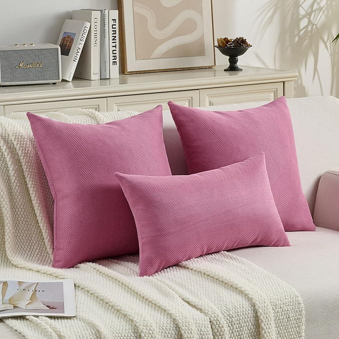 FUTEI Hot Pink Chenille Throw Pillow Covers 24x24 Inch Set of 2,Soft Wide Chevron Textured European Pillow Shams,Farmhouse Home Decor for Couch Bed Living Room