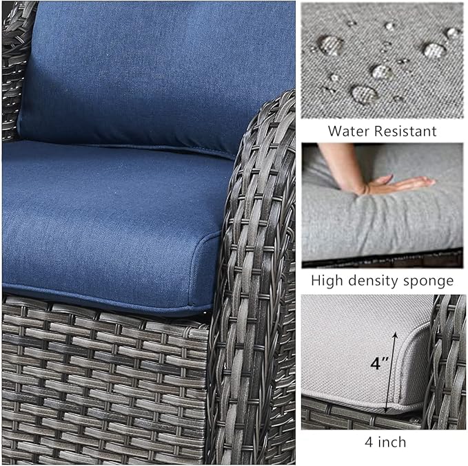 HUMMUH Outdoor Swivel Rocker Wicker Patio Chairs High Back PE Rattan Glider Chairs 4PCS Patio Furniture Set(Grey,Blue)