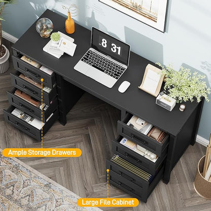 Vabches Farmhouse 60.6” Executive Desk with 7 Drawers, Computer Desk with File Drawer for Hanging Files A4, Workstation for Home Office, Study.Black