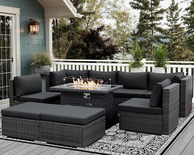 NICESOUL 8 Seater Outdoor Patio Furniture Sectional Sets with Firepits Table Natural Gas Propane, 29.3'' High Back Comfy Wicker Conversation, 9 Piece Deep Wide Modern Modular Sofa for Backyard, Grey