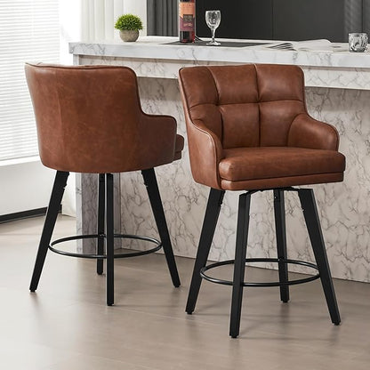 360°Swivel Counter Height Bar Stools with Back, 26 inch Solid Wood Legs, Bar Stool Modern Kitchen Island Chairs, Faux Leather (Brown- Faux Leather, 26" H- Set of 1)