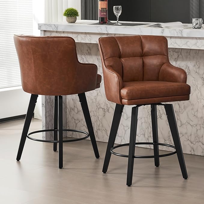 360°Swivel Counter Height Bar Stools with Back, 26 inch Solid Wood Legs, Bar Stool Modern Kitchen Island Chairs, Faux Leather (Brown- Faux Leather, 26" H- Set of 3)
