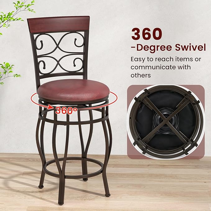 Giantex 26" Swivel Bar Stools Set of 2, Counter Height Bar Stools w/Back, Upholstered PU Leather Seat, Footrest, Max Load 330Lbs, Vintage Metal Barstools for Kitchen Island, Dining Room, Rustic Brown