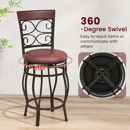 Giantex 26" Swivel Bar Stools Set of 2, Counter Height Bar Stools w/Back, Upholstered PU Leather Seat, Footrest, Max Load 330Lbs, Vintage Metal Barstools for Kitchen Island, Dining Room, Rustic Brown