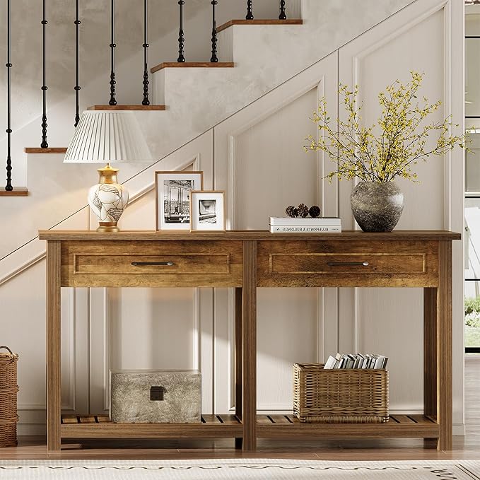 LITTLE TREE Modern Console Tables with 2 Drawers, Rustic 63 Inch Entryway Furniture, Behind Couch Table with Storage Shelf, for Living Room, Hallway, Entrance, Foyer, Rustic Brown
