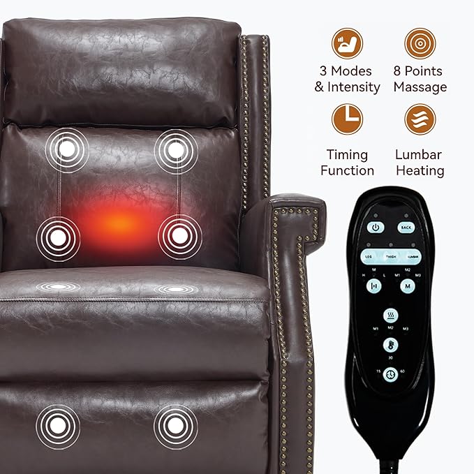 Manual Recliner Chair with Massage & Lumbar Heat, Breathable Leather Reclining Chair for Adults, Humanized Design Easy to Install Living Room Recliners Brown