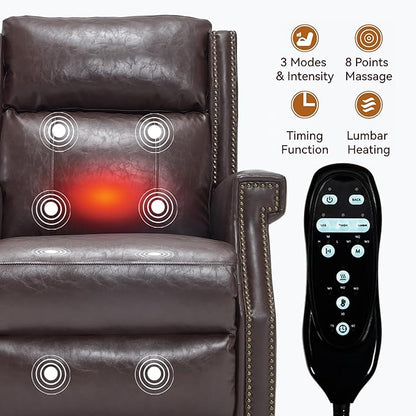 Manual Recliner Chair with Massage & Lumbar Heat, Breathable Leather Reclining Chair for Adults, Humanized Design Easy to Install Living Room Recliners Brown