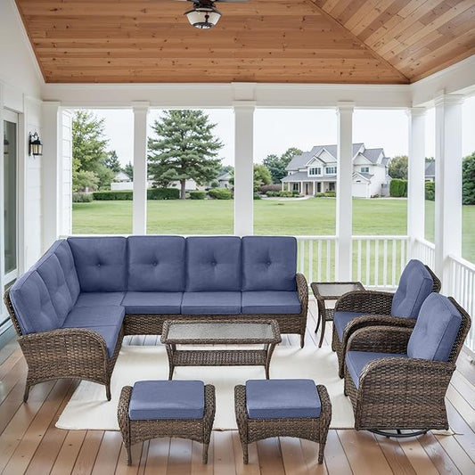 HUMMUH Outdoor Patio Furniture Set,L-Shaped Sectional Couches with Swivel Patio Chairs,Wicker Conversation Set for Deck,Backyard,Porch,Garden