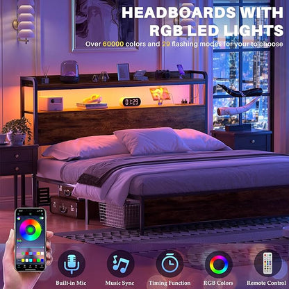 Aheaplus Headboard for Full Size Bed Frame, Headboards with Outlets, USB Ports and LED Light, Head Board with Storage, Height Adjustable, Sturdy and Stable Headboard, Full Size, Rustic Brown