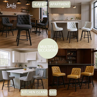 MINCETA Bar Stools Set of 4, PU Leather Barstools, 26 Inch Upholstered Counter Stools with Low Tufted Back and Footrest, Swivel Counter Height Barstools for Kitchen Island Home Bar Brown