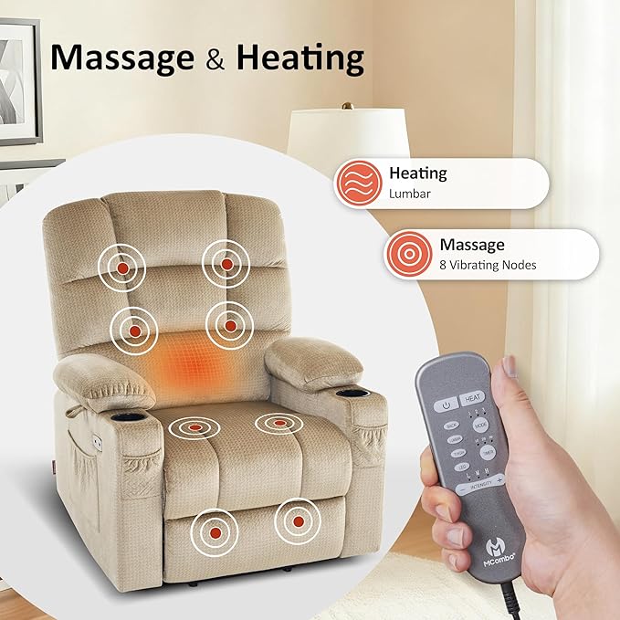 MCombo Dual Motor Power Lift Recliner Chair with Massage and Heat for Elderly People, Infinite Position, USB Ports, Cup Holders, Fabric 7679 (Medium, Beige)