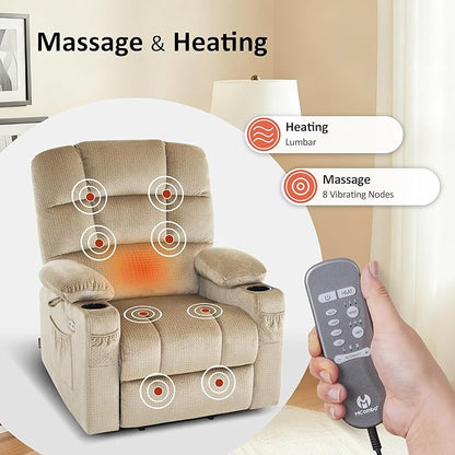 MCombo Dual Motor Power Lift Recliner Chair with Massage and Heat for Elderly People, Infinite Position, USB Ports, Cup Holders, Fabric 7679 (Medium, Beige)