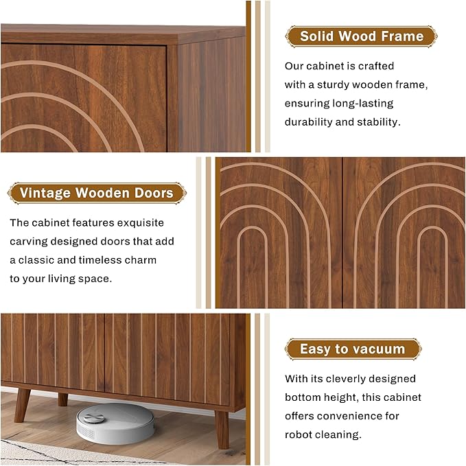 Accent Cabinet with Carving Lines, Modern Buffet Sideboard with Adjustable Shelves, Decorative Storage Cabinets for Bedroom Living Room Kitchen Office and Hallway (Walnut, 1)