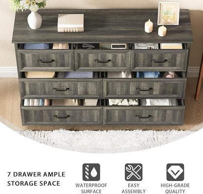 Farmhouse 7 Drawer Dresser for Bedroom, 55 Inch Wide Modern Grey Dresser TV Stand with Large Drawers & Bar Handles, Rustic Wood Chest of Drawers for Bedroom, Living Room