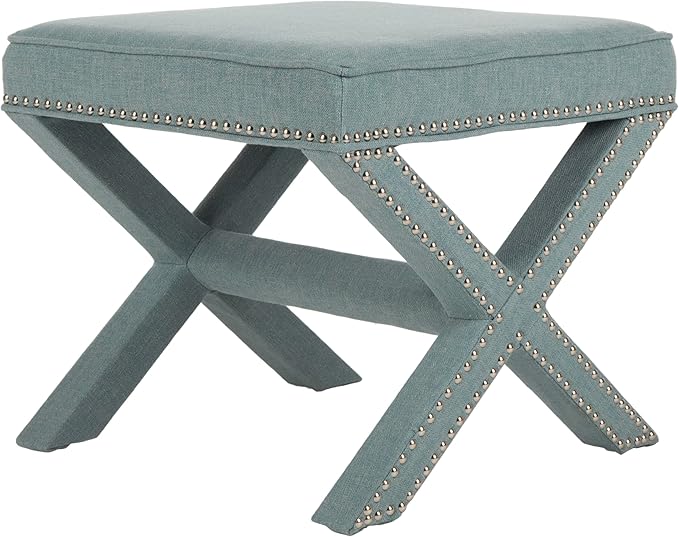 Safavieh Home Collection Palmer Sky Blue with Silver Nailhead Trim X-Bench Ottoman