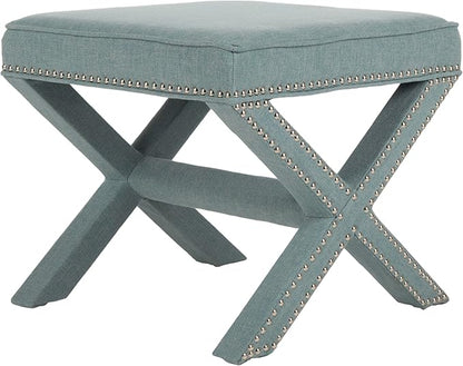 Safavieh Home Collection Palmer Sky Blue with Silver Nailhead Trim X-Bench Ottoman