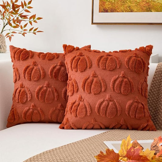 Kevin Textile Fall Pillow Covers 16x16 Inch Set of 2 Soft Pumpkins Decorative Square Pillowcases Plush Autumn Faux Fur Cushions Harvest Gift for Couch Sofa Chair Bedroom Home Decor, Rust