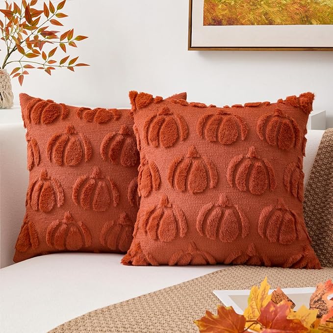 Kevin Textile Fall Pillow Covers 20x20 Inch Set of 2 Soft Pumpkins Decorative Square Pillowcases Plush Autumn Faux Fur Cushions Harvest Gift for Couch Sofa Chair Bedroom Home Decor, Rust
