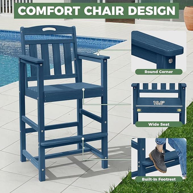 HDPE Outdoor Patio Bar Set with Bar Height Table and 2 Adirondack Chairs, All-Weather High Top Outside Round Pub Furniture for Bistro, Garden, Backyard, Deck | 3-Pieces, Navy Blue