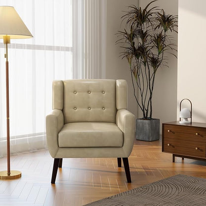 Accent Chair, Mid-Century Modern PU Leather Chairs with Arms for Living Room, Comfy Upholstered Club Single Sofa Armchair for Bedroom Waiting Room with Solid Wood Frame