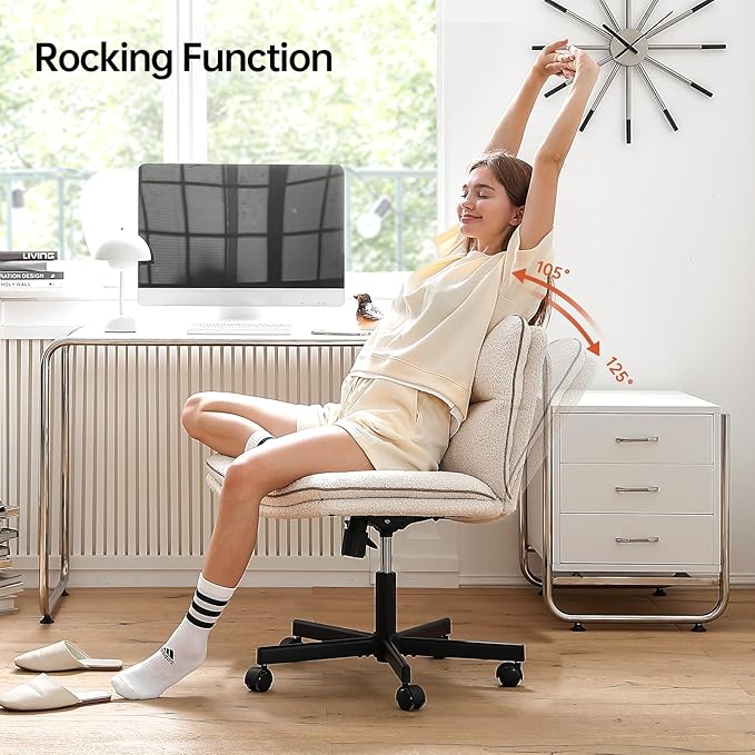 EMIAH Armless Office Desk Chair with Wheels Faux Fur Vanity Mid-Back Ergonomic Home Computer Comfortable Adjustable Swivel Furry Task Chair with Thickened Cushion