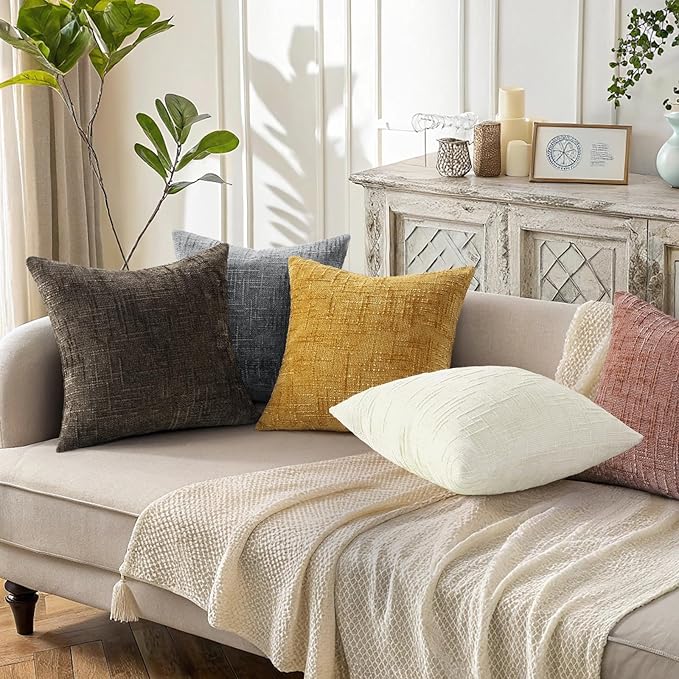 decorUhome Pink Chenille Throw Pillow Covers 16x16 Set of 2 Thick Textured Slubby Couch Pillow Covers Farmhouse Accent Modern Neutral Decorative Pillow Cases for Bed Sofa Living Room