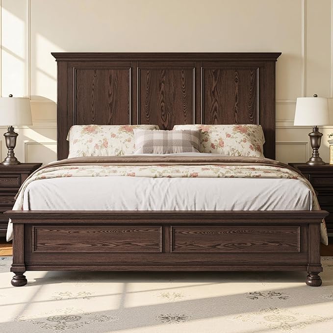 AMERLIFE Solid Wood King Bed Frame with 65.2" High Headboard, Traditional Platform Bed with Heavy Duty Slats, No Box Spring Needed, Easy Assembly, Dark Brown