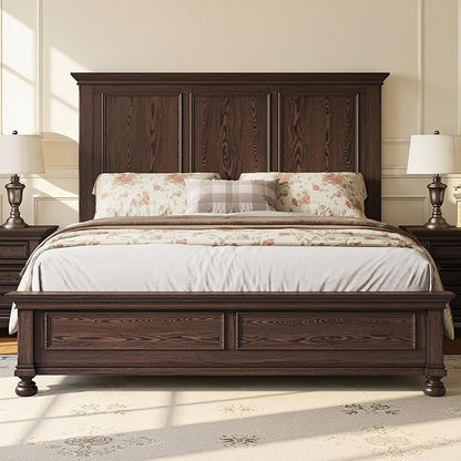 AMERLIFE Solid Wood King Bed Frame with 65.2" High Headboard, Traditional Platform Bed with Heavy Duty Slats, No Box Spring Needed, Easy Assembly, Dark Brown