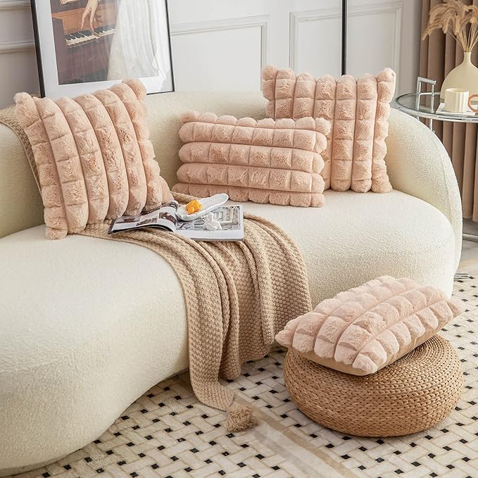 Neelvin Camel Faux Fur Cozy Soft Plaid Decorative Throw Pillow Covers 20x20 inch Set of 2,Velvet Pillowcase Cushion Case for Sofa Couch