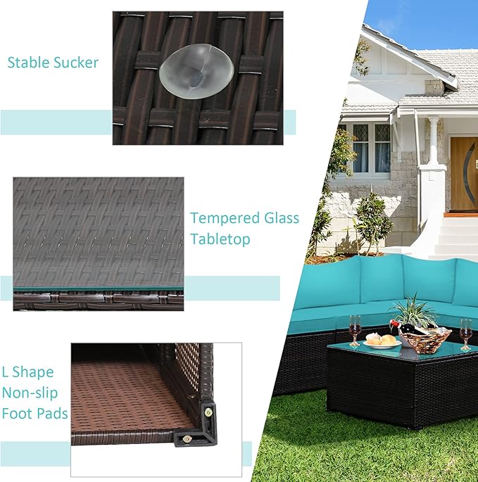 Tangkula 6 Pieces Patio Furniture Set, Outdoor Rattan Sofa Set, Wicker Conversation Set w/Tempered Glass Coffee Table & Cushions, Sectional Sofa Set for Backyard, Garden, Balcony, Poolside