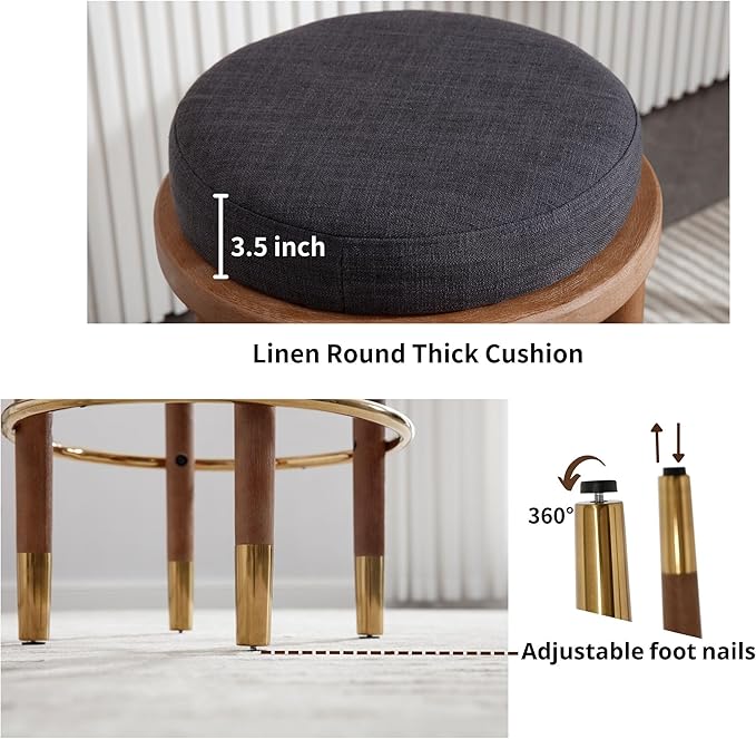 26'' Rustic Backless Bar Stools, Counter Height Chairs Set of 6, Round Kitchen Stools for Island, Farmhouse Charcoal Linen Upholstered Wood With Hardwood Legs and Footrest
