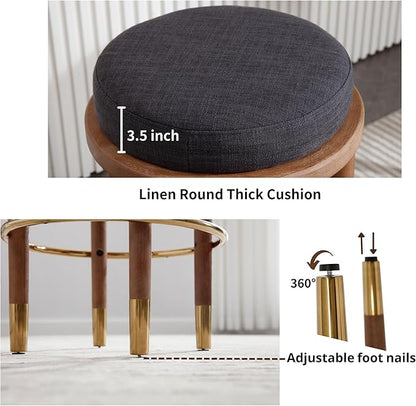 26'' Rustic Backless Bar Stools, Counter Height Chairs Set of 6, Round Kitchen Stools for Island, Farmhouse Charcoal Linen Upholstered Wood With Hardwood Legs and Footrest