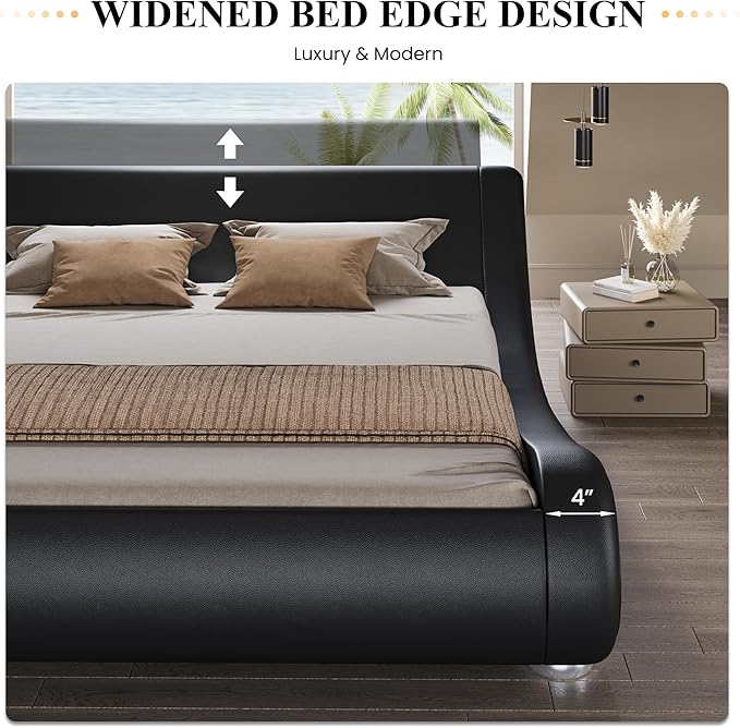 SHA CERLIN Full Size Upholstered Bed Frame, Deluxe Low Profile Sleigh Bed with Faux Leather Ergonomics Headboard, No Box Spring Needed & Easy Assembly, Black