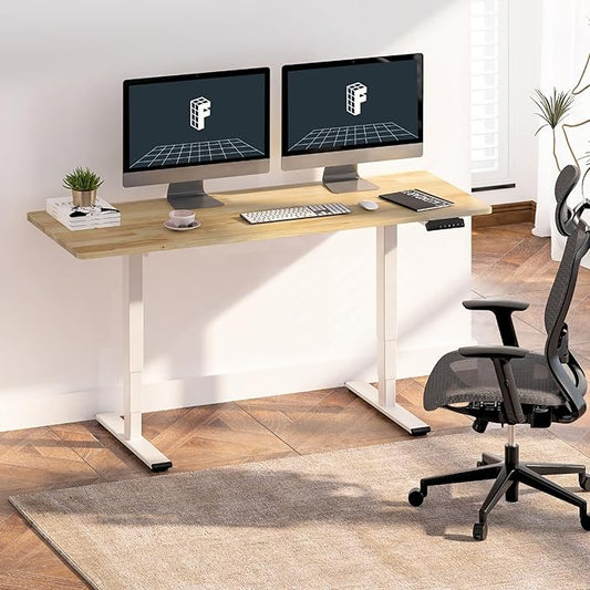 FlexiSpot E6 Solid Wood 3-Stage Dual Motor 55 x 24 Electric Standing Desk, Holds 220 lbs, Adjustable Height w/ Memory Presets, Butcher Block Rubberwood Desktop & White Frame, Ships in 2 Boxes