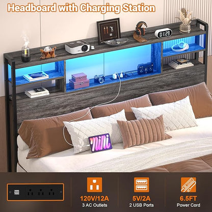 Aheaplus Headboard for Queen Size Bed with Storage, Headboards with LED Light, Power Outlets, USB Ports Queen Size Head Board, Wood headboard Only Sturdy and Stable Headboards, Modern, Black Oak