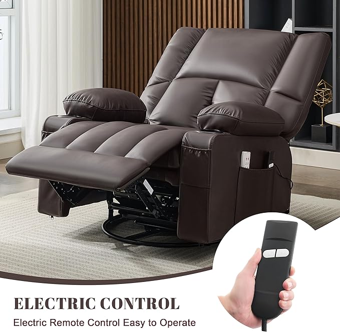 Swivel Rocker Chair with Heat and Massage, 270° Power Recliner Chairs for Adults, USB and Type-C Ports, Oversized Recliner Single Sofa, Electric Glider Chair(Darkbrown)
