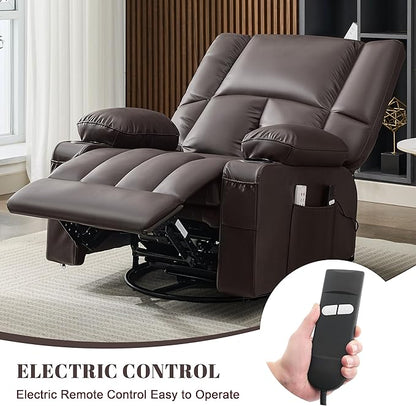 Swivel Rocker Chair with Heat and Massage, 270° Power Recliner Chairs for Adults, USB and Type-C Ports, Oversized Recliner Single Sofa, Electric Glider Chair(Darkbrown)
