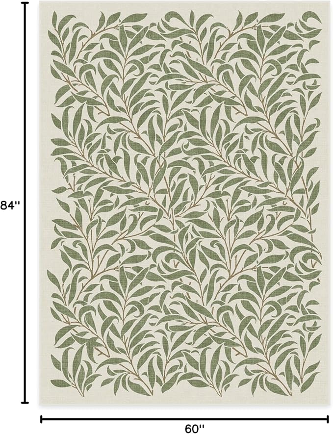 RUGGABLE x Morris & Co Washable Area Rug– Pure Willow Boughs Green 5x7, Stain-Resistant, Non-Slip – Medium Machine Washable Rugs for Living Room, Bedroom, Hallway, Entryway & Office–with Standard Pad