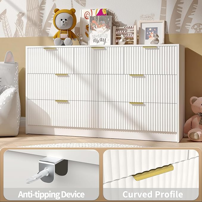 White 7 Drawer Dresser for Bedroom, 55” Wide Fluted Dresser with Gold Handles, Modern Chest of Drawer for Bedroom, Closet, Living Room, Entryway, Hallway, White