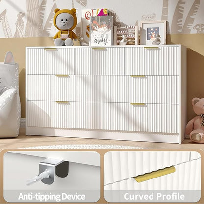 White 7 Drawer Dresser for Bedroom, 55” Wide Fluted Dresser with Gold Handles, Modern Chest of Drawer for Bedroom, Closet, Living Room, Entryway, Hallway, White