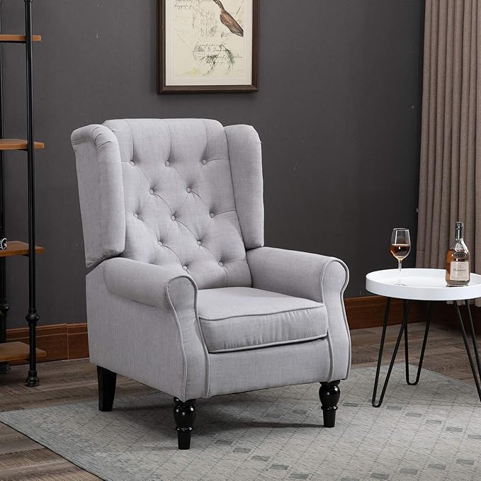 HOMCOM Mid-Century Modern Accent Chair, High Wingback Reading Chair, Button-Tufted Upholstered Fabric Armchair with Retro Wood Legs for Apartment, Living Room, Bedroom, Gray
