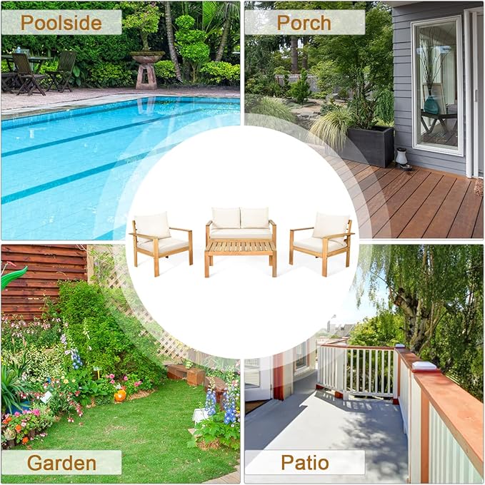 COSTWAY 4 Pieces Outdoor Acacia Wood Sofa Set, Outdoor Conversation Sofa Set with Table & Cushions Porch Chairs for Garden, Patio, Deck
